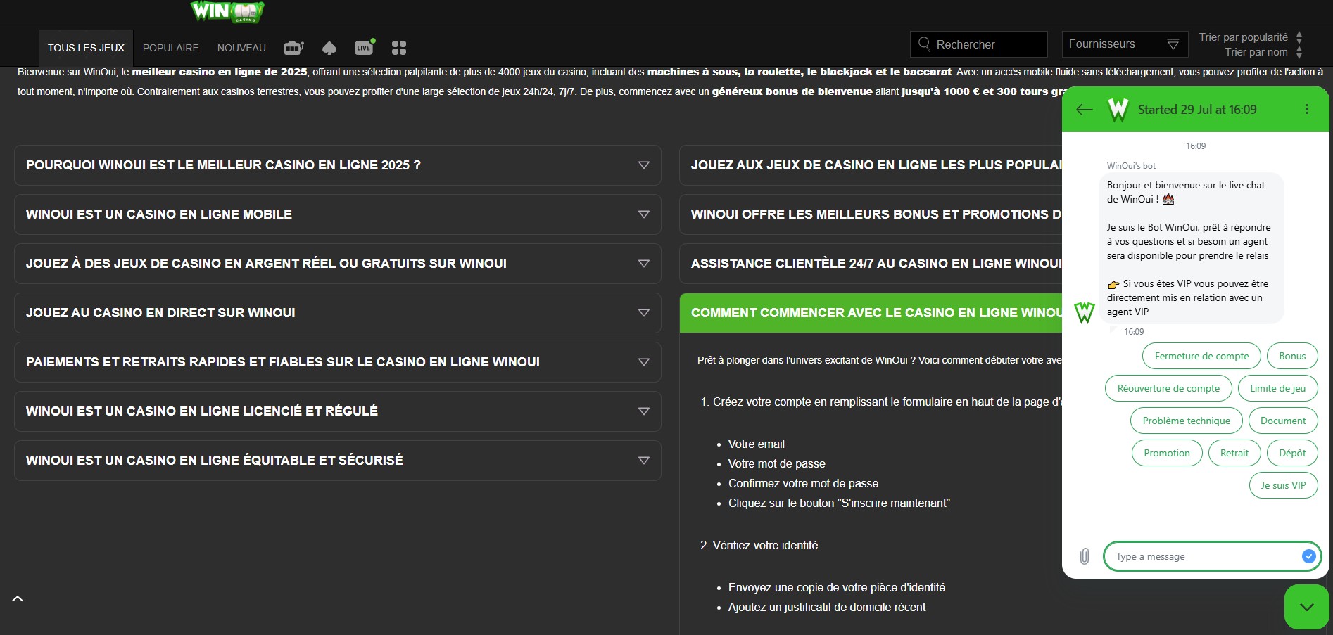 Support client réactif de Winoui Casino.
